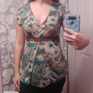 AGENDA Size L Blue & Tan - Floral & Lace Blouse